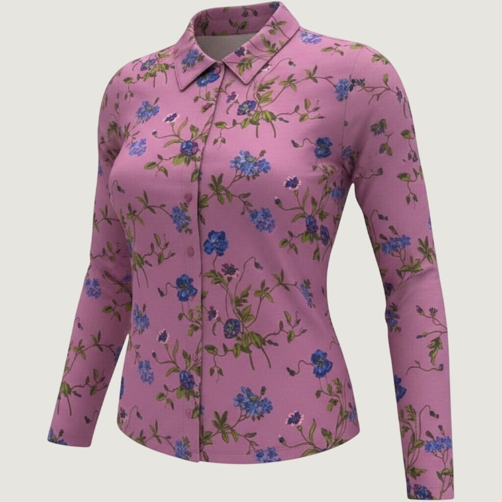 Isaac Mizrahi Pima Cotton Floral Button Down Shirt Mauve Missy's Large A517322